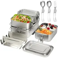 Unyqoos 4‑teiliges Set Edelstahl-Lunchboxen (304) mit verstellbaren Fächern, auslaufsicher & spülmaschinenfest – inkl. Löffel & Gabel für Kinder