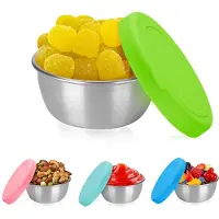 Unyqoos Set 4x auslaufsichere Soßenbehälter 50 ml – kompakt, rostfreier Edelstahl mit BPA-freien Silikon‑Deckeln, bunt, spülmaschinen- und gefriergeeignet