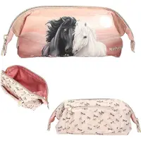 Depesche 13971 Miss Melody Blossom Pony - Schlampertasche mit Bügel, in Beige und Rosa, mit Pferde-Motiv und Pferde Muster, Federtasche inkl. Reißverschluss-Fach außen