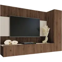 Mirjan 24 Wohnwand Deromi VI, Wohnzimmer Möbel Set, Griffloses Öffnungssystem push to open, 3er-Set (Farbe: Nuss Okapi / Nuss Okapi + Travertin)