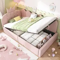 Youjia Polsterbett Daybett 90x200 cm,Tagesbett-Schlafsofa mit Stauraum (hydraulisch),Gästebett L-Form Samt in Rosa mit Kronen-Gitter-Design, ohne Matratze