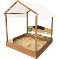 Axi Meli Sandkasten & Spielhaus aus Holz mit Spielküche und Dach - Braun | Sandbox mit Kreidetafel, Wassertank & 6 teiligem Zubehör Set | Sand Kasten mit Bodenplane | 120 x 120 x 144,5 cm
