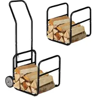 Relaxdays Kaminholzwagen, 2in1 Brennholzkarre & Feuerholzregal, aus Stahl, bis 45 kg, Transport & Aufbewahrung, schwarz