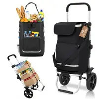 Sekey Stabiler Klappbarer Einkaufstrolley mit Spanngurt, Faltbarer Einkaufswagen inkl. Kühlfach&Getränkefach, 3-in-1 Trolley, Sackkarre&Umhängetasche, Ideal für Camping und Einkäufe, Schwarz