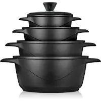 Briebe MGK12S Kochtopf Set Induktions 8-Teilig Aluminiumguss 4 Kochtöpfen 4 Glasdeckel, Schwarz