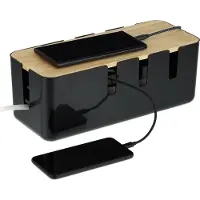Relaxdays Kabelbox, für 2 Steckdosenleisten, Holzdeckel, Kunststoff, Kabel verstecken, HBT: 11,5x30,5x12,5 cm, schwarz