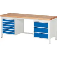 RAU Werkbank mit 9 Schubladen - Teilauszug - 90:6 / 180:3 - höhenverstellbar 840-1.040 mm - 2.000 x 700 mm (BxT) - Traglast 1.250 kg - Buche