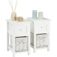 CARO-Möbel Nachttisch MESSINA 2er Set in weiß - kleiner Ablagetisch mit Schublade & Korb, Schlafzimmer Landhaus Beistelltisch mit Stauraum, aus Paulownia-Holz