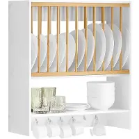 SoBuy KCR09-W Tellerhalter für 11 Teller Tellerregal Wandregal mit 7 Metallhaken Tellerständer Küchenregal mit einem Fach weiß BHT ca.: 64x71x24cm