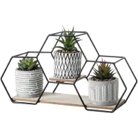 Unyqoos Künstliches Sukkulenten-Set, 3er – geometrische Sukkulenten in Keramik- und Zementtöpfen auf Metall‑Holzständer, grün, Deko für Wohnzimmer & Büro