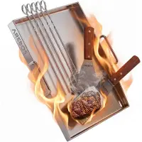 Arebos Edelstahl Grillplatte 40x30 cm massiv 4 mm für Gas- & Holzkohlegrill bis 800 °C mit Fettablauf inkl. 2 Spachtel & 5 Spieße spülmaschinenfest