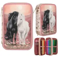 Depesche 13968 Miss Melody Blossom Pony - Gefüllte 3-Fach Federtasche in Rosa, mit Pferde Motiv und Pferde-Muster, Federmappe mit Buntstiften, Schere, Lineal UVM.