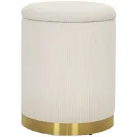 OKWISH Storage Footstool Polyester Cremeweiß Ø36 x 44 cm mit Stauraum, gepolstertem Deckel und Edelstahlbasis