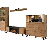 Inn.Furn Wohnwand "Bonfire" in Wotan Eiche und schwarz Schrankwand mit Kamin, inklusive LED, 330 cm