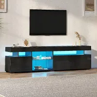 MODFU TV-Lowboard Schwarz TV-Schrank mit LED Beleuchtung und Glasböden Hochglanz-TV-cabinet mit 3 Türen mit Stauraum Für Wohnzimmer geeignet