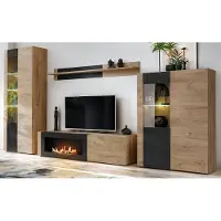 Inn.Furn Wohnwand "Heron" in Eiche und Schwarz, 4-teilig inklusive Ethanol Kamin und Beleuchtung, 350 cm