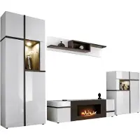 Inn.Furn Wohnwand "Lovely" in weiß Hochglanz und Ulme Schrankwand mit Ethanol Kamin, inkl. Beleuchtung