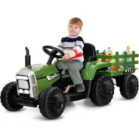 Goplus Elektrofahrzeuge mit Anhänger, 3-Gang Elektroauto Traktor mit Fernbedienung, LED-Licht & Musik & Bluetooth, für Kinder ab 3 Jahren, bis 30 kg (Dunkelgrün)