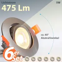 Maxkomfort GmbH Maxkomfort 6er Set LED Einbaustrahler 5W 3CCT (Warmweiß, Neutralweiß, Kaltweiß umschaltbar) eisen gebürstet
