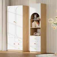 OKWISH Kinderkleiderschrank Kleiderschrank-Set mit 2-türigem Kleiderschrank und Aufbewahrungsschrank Kleiderschrank mit farbigen Keramikgriffen und Schubladen Weiß