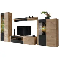 Inn.Furn Wohnwand "Heron" in Eiche mit Schwarz, Schrankwand 4-teilig inklusive Beleuchtung 350 cm