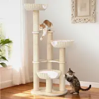 Markenlos Moderner ästhetischer Massivholz-Katzenbaum, 152,4 cm großer Katzenturm aus Holz für große Katzen, natürlicher Sisa-umwickelter Kratzbaum, handgewebtes Rattannest, s Plüschkissen