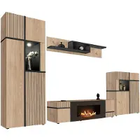 Inn.Furn Wohnwand "Lovely" in Hickory Eiche und schwarz Schrankwand mit Ethanol Kamin, inkl. Beleuchtung
