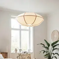 LumenXL Moderne Hängelampe Ovala mit beigem Leinenschirm und braunen Akzenten Ø60 cm