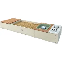 Axi Pippa Sandkasten aus Holz - Beige/Braun | Sandkasten Spielküche und Aufbewahrungsbank, Sitzfläche und Stauraum- 6-teiligem Spielküchen-Set | Mit Bodenplane & Schutzhülle | 160 x 50 x 20 cm