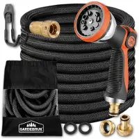 Gardebruk Flexibler Gartenschlauch 15m 3fach Latexkern Vollmessing Adapter 1/2" 3/4" Zoll Wandhalterung Tasche Flexschlauch Wasserschlauch Schwarz