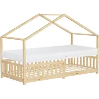 ML-Design Kinderbett Hausbett 90x200 cm Natur mit Matratze H:16cm, Rausfallschutz Lattenrost und Dach, Spielbett aus massivem Kiefernholz Bodenbett