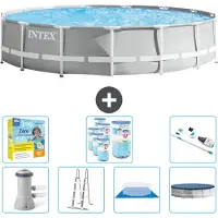 Intex Round Prism Frame Swimming Pool – 457 x 107 cm – Grau – inklusive Pumpe – Leiter – Bodenplane – Abdeckung Wartungspaket - Filter - Staubsauger