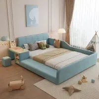 STILVORA Polsterbett 140x200cm mit matratze und Stauraum,Kinderbett mit Schreibtisch,Bettgestell mit Hocker,Jugendbett mit Weiches Kopfteil,Samt, Blau