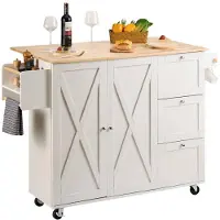 Vevor Kitchen Island Cart with Solid Wood Top, 45.3" Width Mobile Carts with Storage Cabinet, Rolling Kitchen Table with Spice Rack, Towel Rack, Drop Leaf and Drawer, Portable Islands on Wheels, White