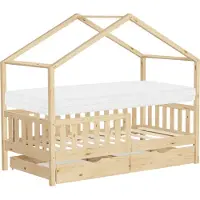 ML-Design Kinderbett Hausbett 80x160 cm Natur mit Matratze H:10cm, 2 Schubladen Rausfallschutz Lattenrost und Dach Spielbett aus Kiefernholz Bodenbett