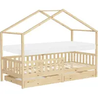ML-Design Kinderbett Hausbett 90x200 cm Natur mit Matratze H:10cm, 2 Schubladen Rausfallschutz Lattenrost und Dach Spielbett aus Kiefernholz Bodenbett