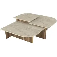 Vente-unique Ineinander schiebbare Couchtische - Effekt beiger Travertin und dunkles Naturholz - OMELINA
