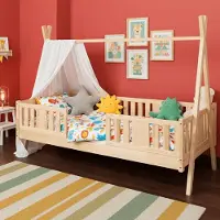Meble Wróbel Kinderbett Tipi 90x190 cm – Hausbett aus Kiefer - Bett mit Rausfallschutz & Lattenrost - für Jungen und Mädchen - Unlackiert Spielbett für Kinder