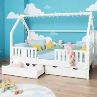 Meble Wróbel Hausbett 80x160 cm mit 2 Schubladen Rausfallschutz und Lattenrost - Einzelbett Jugendbett- Kinderbett aus Kiefer Massivholz Weiß - Kleinkindbett für Jungen & Mädchen - Standhöhe 20 cm