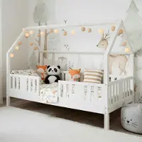 Meble Wróbel Hausbett 90x180 cm mit Rausfallschutz und Lattenrost - Einzelbett Jugendbett- Kinderbett aus Kiefer Massivholz Weiß - Kleinkindbett für Jungen & Mädchen - Standhöhe 20 cm