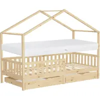 ML-Design Kinderbett Hausbett 90x200 cm Natur mit Matratze H:16cm, 2 Schubladen Rausfallschutz Lattenrost und Dach Spielbett aus Kiefernholz Bodenbett