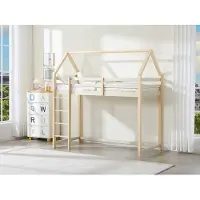 Vente-unique Etagenbett „Häuschen“ 90 x 190 cm – Massives Kiefernholz – Beige-Natur – TARZIA