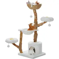 Markenlos Kratzbaum für Wohnungskatzen, 150 cm hoher Katzenbaum für große Katzen, mit 3 großen Körben, aus massivem Naturholz, Katzenhaus mit Hängematte, modernes Möbel, Beige