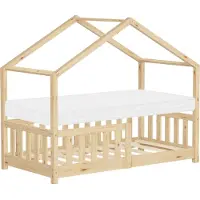 ML-Design Kinderbett Hausbett 70x140 cm Natur mit Matratze H:10cm, Rausfallschutz Lattenrost und Dach, Spielbett aus massivem Kiefernholz Bodenbett