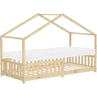 ML-Design Kinderbett Hausbett 90x200 cm Natur mit Matratze H:10cm, Rausfallschutz Lattenrost und Dach, Spielbett aus massivem Kiefernholz Bodenbett