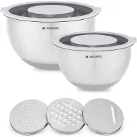Navaris Edelstahl Schüssel Schale mit Deckel - 2x Rührschüssel Salatschüssel - inkl. 3x Reibe - Set Edelstahlschüssel Schüsselset in Grau