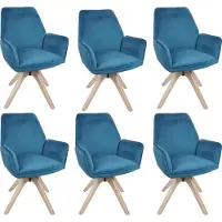 Mendler 6er-Set Esszimmerstuhl MCW-G67, Esstischstuhl Küchenstuhl mit Armlehne, drehbar Holz Samt 320 g/m² MVG türkis-blau