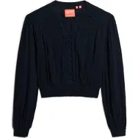 Superdry für Damen. W6011796A Marineblaue Bluse mit Smok-Detail und Spitzenbesatz (M), Lässig, Baumwolle, Langarm