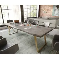 DELIFE Esstisch Edge 260x100 XL Akazie Platin Edelstahl Gold Schräg Live-Edge