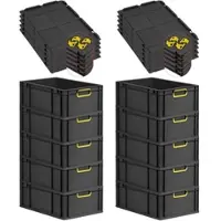 Proregal SparSet 10x Eurobox NextGen Color mit Auflagedeckel & Verschlüsse, HxBxT 22x40x60cm, 44L, Schwarz, Griffe gelb zu, Eurobehälter